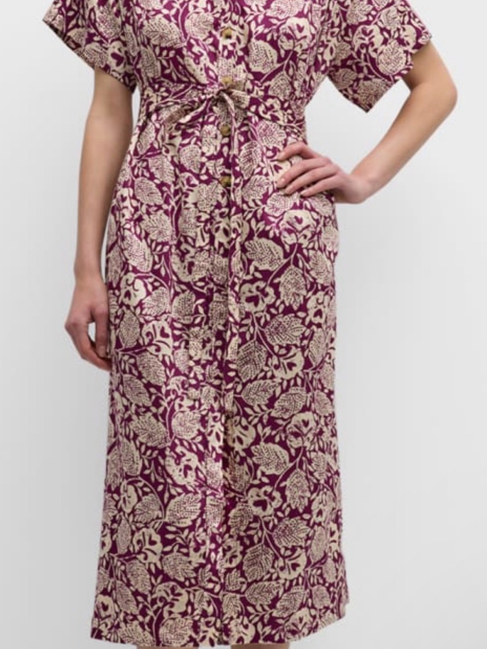 Vanessa Bruno Plum and Cream Floral Dress with Tie Waist